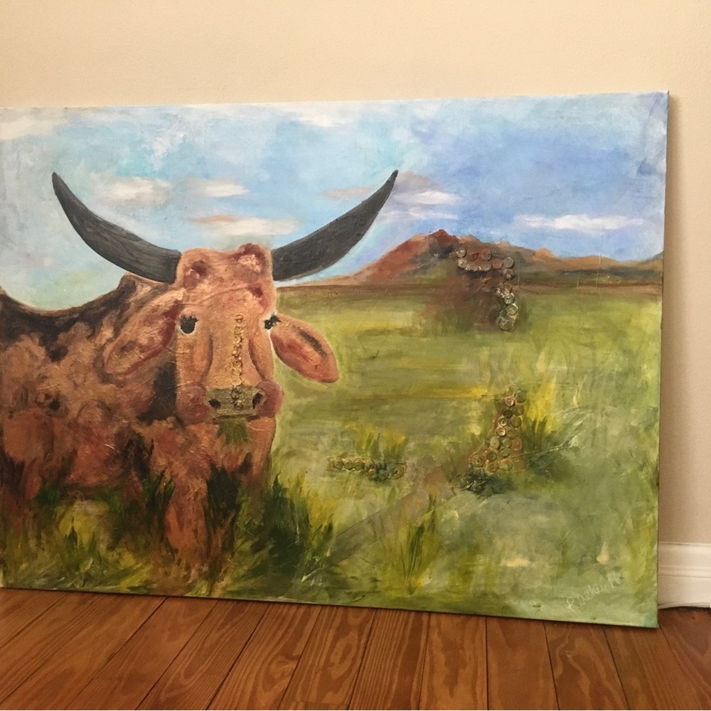 Impressionistic Original Painting Brindle Horned Cow | Mixed Media Canvas